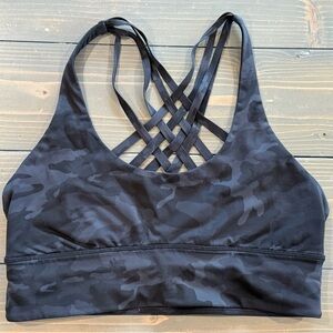 Lululemon Sports Bra Free To Be Moved Camo Criss Cross Back Black Grey